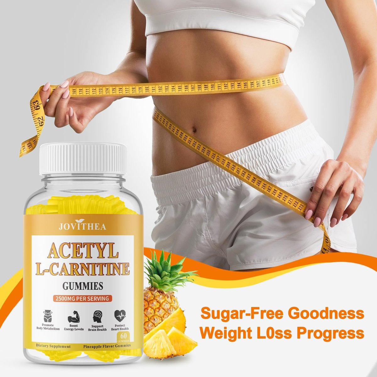 Acetyl-L-Carnitin Gummies Zuckerfrei, Premium L-Carnitin Nahrungsergänzung für Frauen & Männer, ALCAR für Energie, Muskeln, Fokus & Gehirn, Glutenfrei, Vegan, Ananasgeschmack, 60 Stück