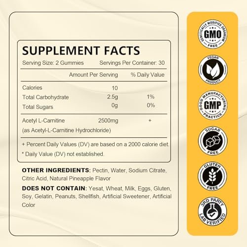 Acetyl-L-Carnitin Gummies Zuckerfrei, Premium L-Carnitin Nahrungsergänzung für Frauen & Männer, ALCAR für Energie, Muskeln, Fokus & Gehirn, Glutenfrei, Vegan, Ananasgeschmack, 60 Stück