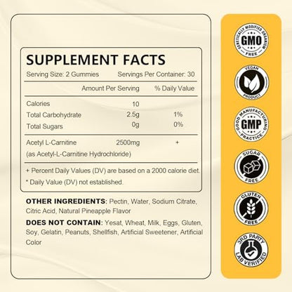 Acetyl-L-Carnitin Gummies Zuckerfrei, Premium L-Carnitin Nahrungsergänzung für Frauen & Männer, ALCAR für Energie, Muskeln, Fokus & Gehirn, Glutenfrei, Vegan, Ananasgeschmack, 60 Stück