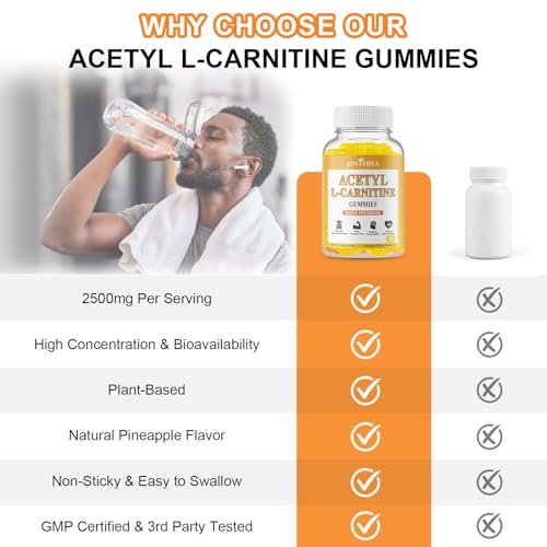Acetyl-L-Carnitin Gummies Zuckerfrei, Premium L-Carnitin Nahrungsergänzung für Frauen & Männer, ALCAR für Energie, Muskeln, Fokus & Gehirn, Glutenfrei, Vegan, Ananasgeschmack, 60 Stück