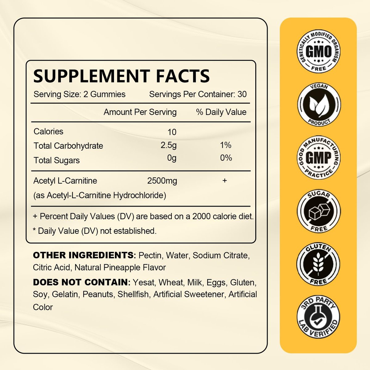Acetyl-L-Carnitin Gummies Zuckerfrei, Premium L-Carnitin Nahrungsergänzung für Frauen & Männer, ALCAR für Energie, Muskeln, Fokus & Gehirn, Glutenfrei, Vegan, Ananasgeschmack, 60 Stück