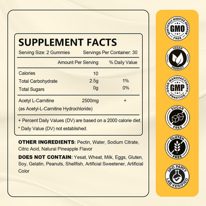 Acetyl-L-Carnitin Gummies Zuckerfrei, Premium L-Carnitin Nahrungsergänzung für Frauen & Männer, ALCAR für Energie, Muskeln, Fokus & Gehirn, Glutenfrei, Vegan, Ananasgeschmack, 60 Stück
