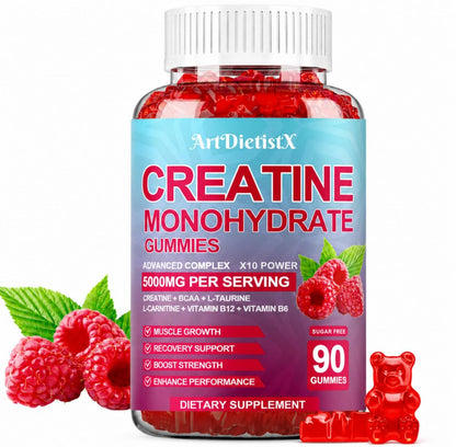 Creatin-Monohydrat 5000mg Gummis mit BCAA, L-Carnitin, Taurin & Vitamin B12 – Pre-Workout-Supplement für Muskelwachstum, Kraft & Energie, Himbeergeschmack, 90 Stück für Männer & Frauen