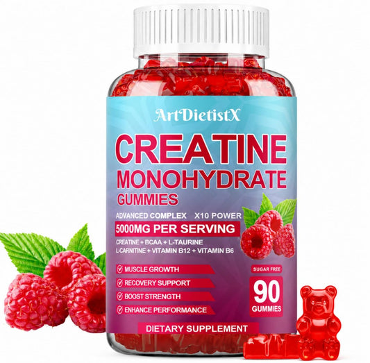 Creatin-Monohydrat 5000mg Gummis mit BCAA, L-Carnitin, Taurin & Vitamin B12 – Pre-Workout-Supplement für Muskelwachstum, Kraft & Energie, Himbeergeschmack, 90 Stück für Männer & Frauen