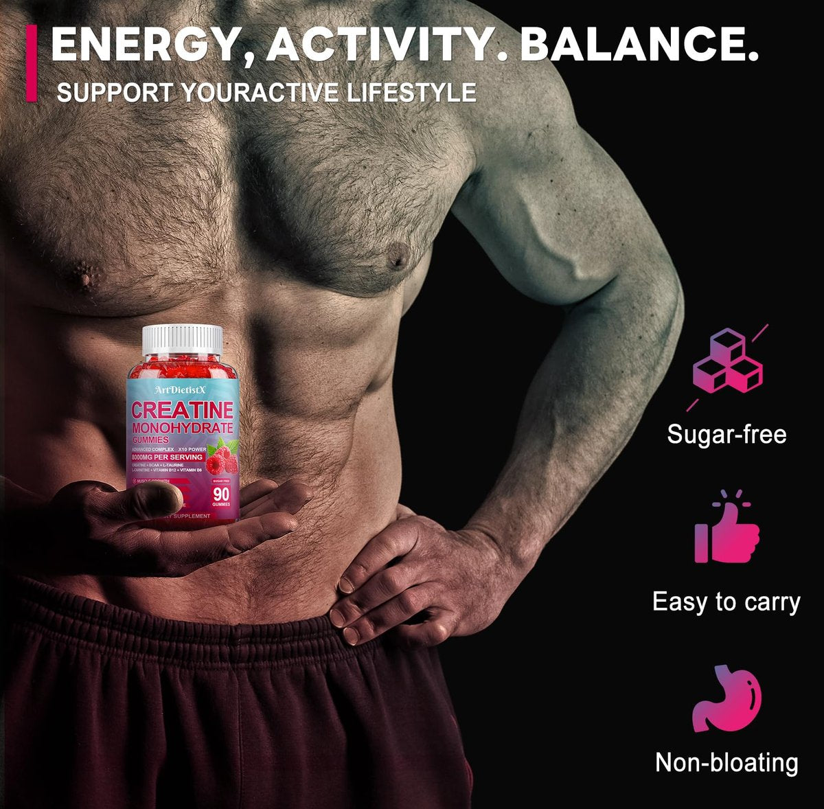 Creatin-Monohydrat 5000mg Gummis mit BCAA, L-Carnitin, Taurin & Vitamin B12 – Pre-Workout-Supplement für Muskelwachstum, Kraft & Energie, Himbeergeschmack, 90 Stück für Männer & Frauen
