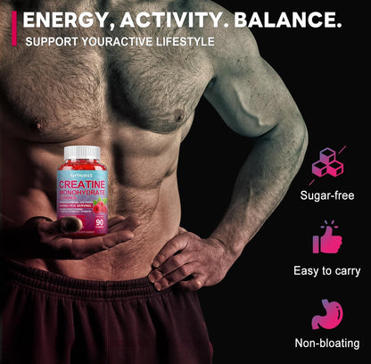 Creatin-Monohydrat 5000mg Gummis mit BCAA, L-Carnitin, Taurin & Vitamin B12 – Pre-Workout-Supplement für Muskelwachstum, Kraft & Energie, Himbeergeschmack, 90 Stück für Männer & Frauen