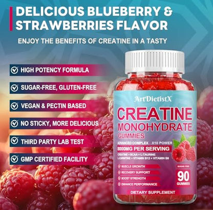 Creatin-Monohydrat 5000mg Gummis mit BCAA, L-Carnitin, Taurin & Vitamin B12 – Pre-Workout-Supplement für Muskelwachstum, Kraft & Energie, Himbeergeschmack, 90 Stück für Männer & Frauen