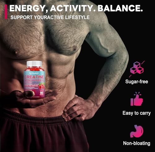 Creatin-Monohydrat 5000mg Gummis mit BCAA, L-Carnitin, Taurin & Vitamin B12 – Pre-Workout-Supplement für Muskelwachstum, Kraft & Energie, Himbeergeschmack, 90 Stück für Männer & Frauen
