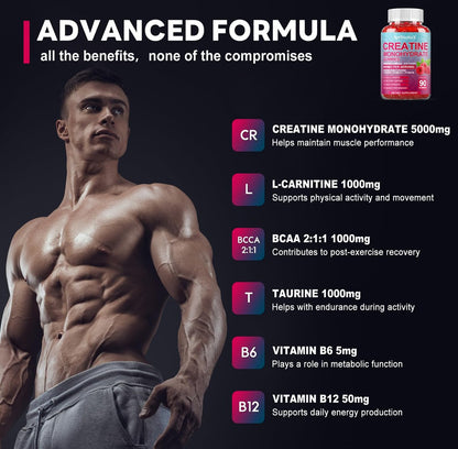 Creatin-Monohydrat 5000mg Gummis mit BCAA, L-Carnitin, Taurin & Vitamin B12 – Pre-Workout-Supplement für Muskelwachstum, Kraft & Energie, Himbeergeschmack, 90 Stück für Männer & Frauen