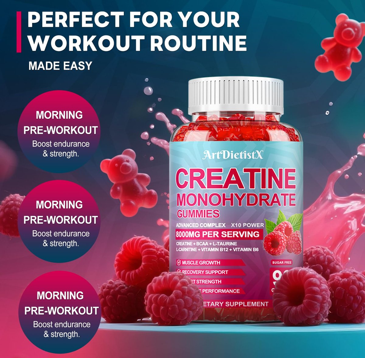 Creatin-Monohydrat 5000mg Gummis mit BCAA, L-Carnitin, Taurin & Vitamin B12 – Pre-Workout-Supplement für Muskelwachstum, Kraft & Energie, Himbeergeschmack, 90 Stück für Männer & Frauen