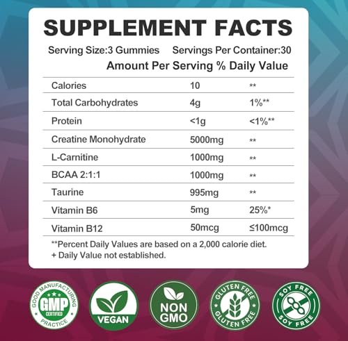 Creatin-Monohydrat 5000mg Gummis mit BCAA, L-Carnitin, Taurin & Vitamin B12 – Pre-Workout-Supplement für Muskelwachstum, Kraft & Energie, Himbeergeschmack, 90 Stück für Männer & Frauen