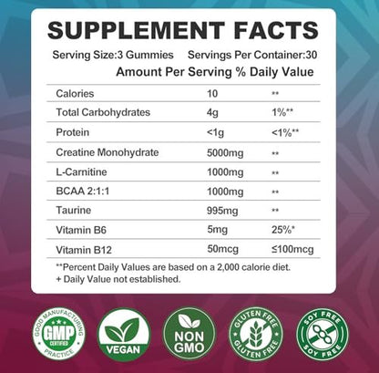 Creatin-Monohydrat 5000mg Gummis mit BCAA, L-Carnitin, Taurin & Vitamin B12 – Pre-Workout-Supplement für Muskelwachstum, Kraft & Energie, Himbeergeschmack, 90 Stück für Männer & Frauen