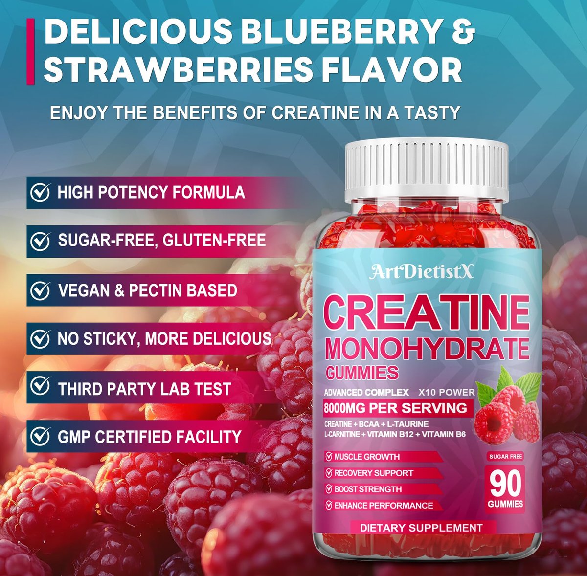Creatin-Monohydrat 5000mg Gummis mit BCAA, L-Carnitin, Taurin & Vitamin B12 – Pre-Workout-Supplement für Muskelwachstum, Kraft & Energie, Himbeergeschmack, 90 Stück für Männer & Frauen