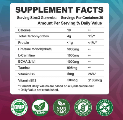 Creatin-Monohydrat 5000mg Gummis mit BCAA, L-Carnitin, Taurin & Vitamin B12 – Prä-Workout für Muskelaufbau, Kraft & Energie, Multigeschmack, 90 Stück für Männer & Frauen