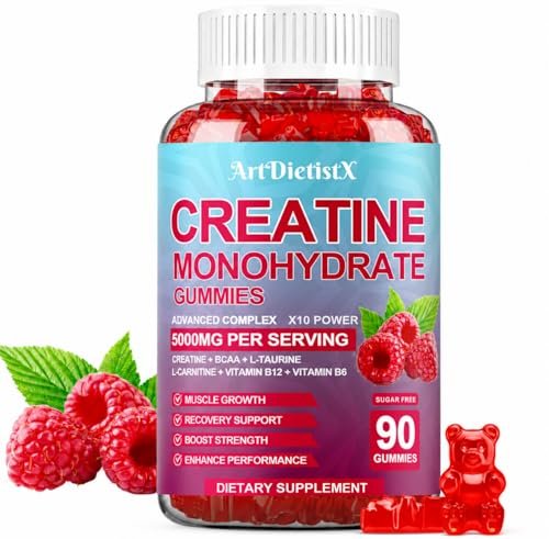 Creatin-Monohydrat 5000mg Gummis mit BCAA, L-Carnitin, Taurin & Vitamin B12 – Pre-Workout-Supplement für Muskelwachstum, Kraft & Energie, Himbeergeschmack, 90 Stück für Männer & Frauen