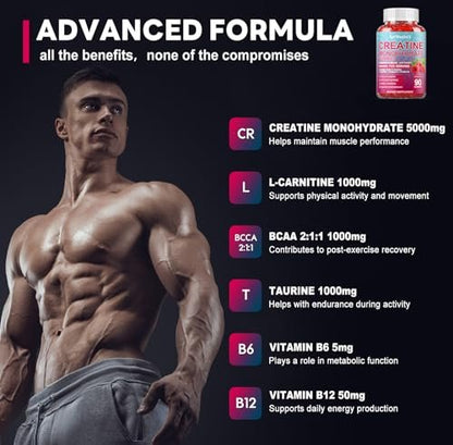 Creatin-Monohydrat 5000mg Gummis mit BCAA, L-Carnitin, Taurin & Vitamin B12 – Pre-Workout-Supplement für Muskelwachstum, Kraft & Energie, Himbeergeschmack, 90 Stück für Männer & Frauen