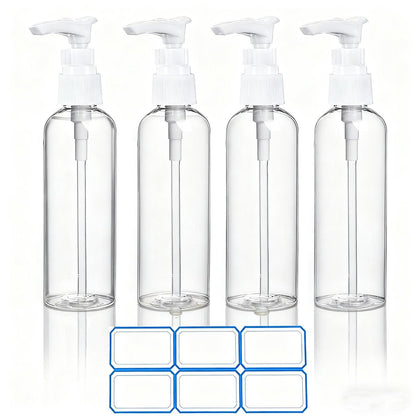 DTDNZKN 4er-Pack 3,4 oz (100 ml) TSA-geprüfte Reise-Pumpflaschen für Toilettenartikel, klare Reisegrößenflaschen, auslaufsicher mit Etiketten