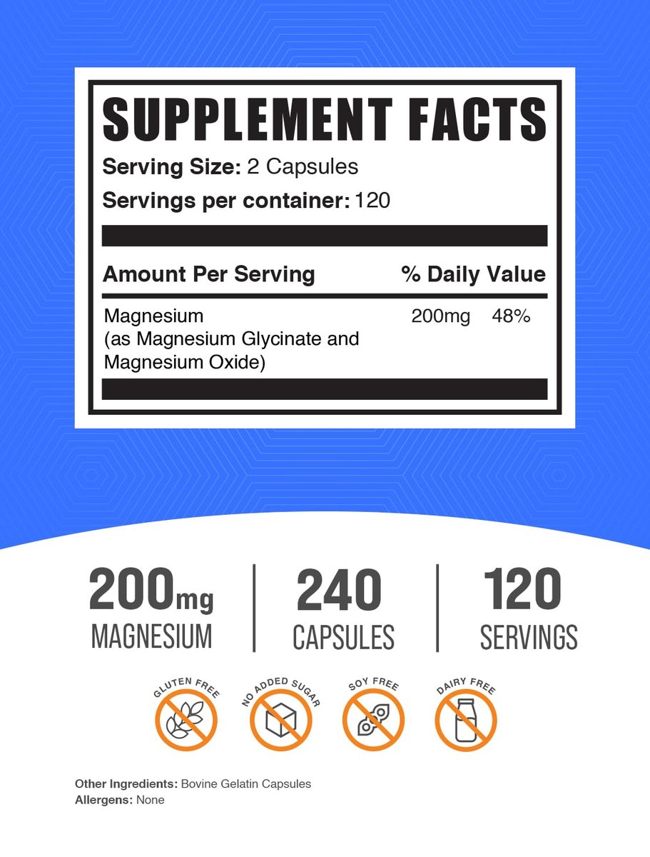 BulkSupplements.com Magnesium Glycinat Kapseln - Magnesium Supplement, Magnesium Glycinat 200mg - Glutenfrei, 2 Kapseln pro Portion, 240 Stück (1er Pack)