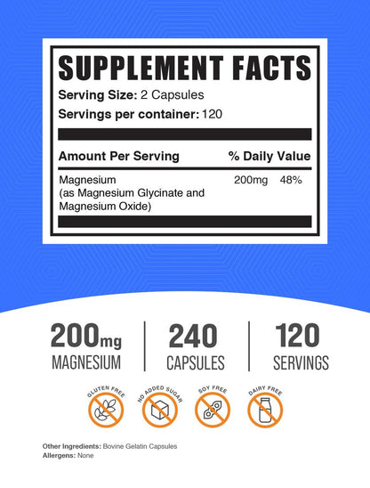 BulkSupplements.com Magnesium Glycinat Kapseln - Magnesium Supplement, Magnesium Glycinat 200mg - Glutenfrei, 2 Kapseln pro Portion, 240 Stück (1er Pack)