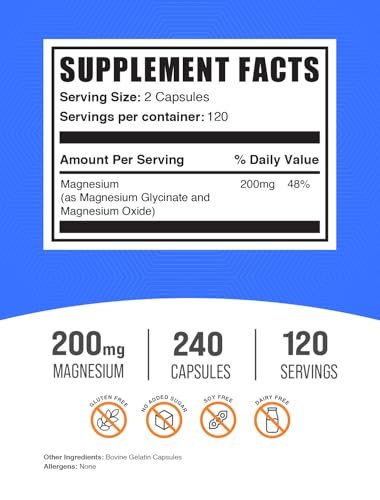 BulkSupplements.com Magnesium Glycinat Kapseln - Magnesium Supplement, Magnesium Glycinat 200mg - Glutenfrei, 2 Kapseln pro Portion, 240 Stück (1er Pack)