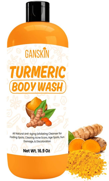 Ganskin Kurkuma Körperwäsche – Aufhellende Flüssigseife gegen Verfärbungen – Natürliche Anti-Aging-Peeling-Körperwäsche für Flecken, Akne, Sonnenschäden – Badeseife Hautpflege