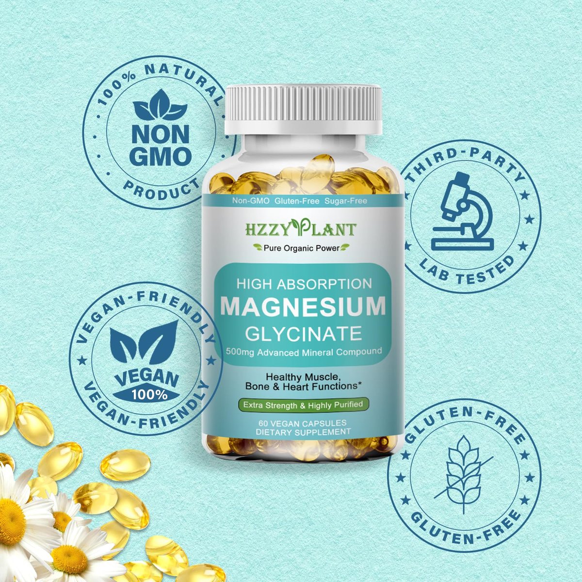 Magnesium Glycinat 500mg Weichkapseln – Hochabsorbierendes Magnesiumpräparat für Muskeln, Herz, Schlaf & Knochen, Stressabbau, Nervengesundheit & Stoffwechsel, Nicht-GVO, 2-Monatsvorrat