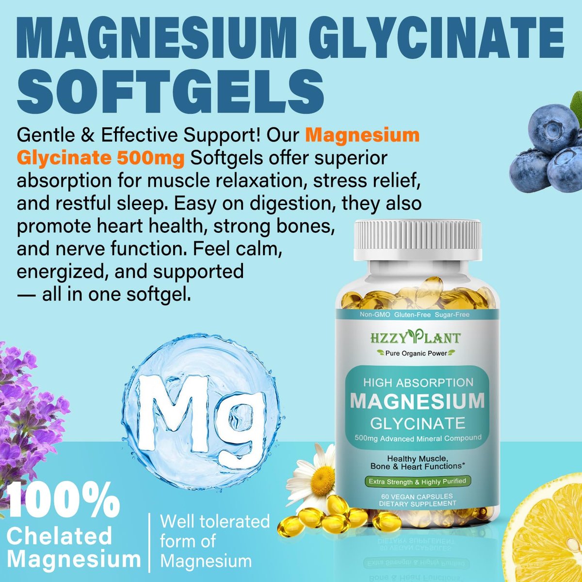 Magnesium Glycinat 500mg Weichkapseln – Hochabsorbierendes Magnesiumpräparat für Muskeln, Herz, Schlaf & Knochen, Stressabbau, Nervengesundheit & Stoffwechsel, Nicht-GVO, 2-Monatsvorrat