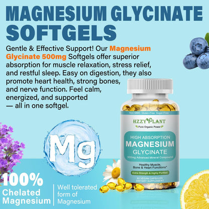 Magnesium Glycinat 500mg Weichkapseln – Hochabsorbierendes Magnesiumpräparat für Muskeln, Herz, Schlaf & Knochen, Stressabbau, Nervengesundheit & Stoffwechsel, Nicht-GVO, 2-Monatsvorrat