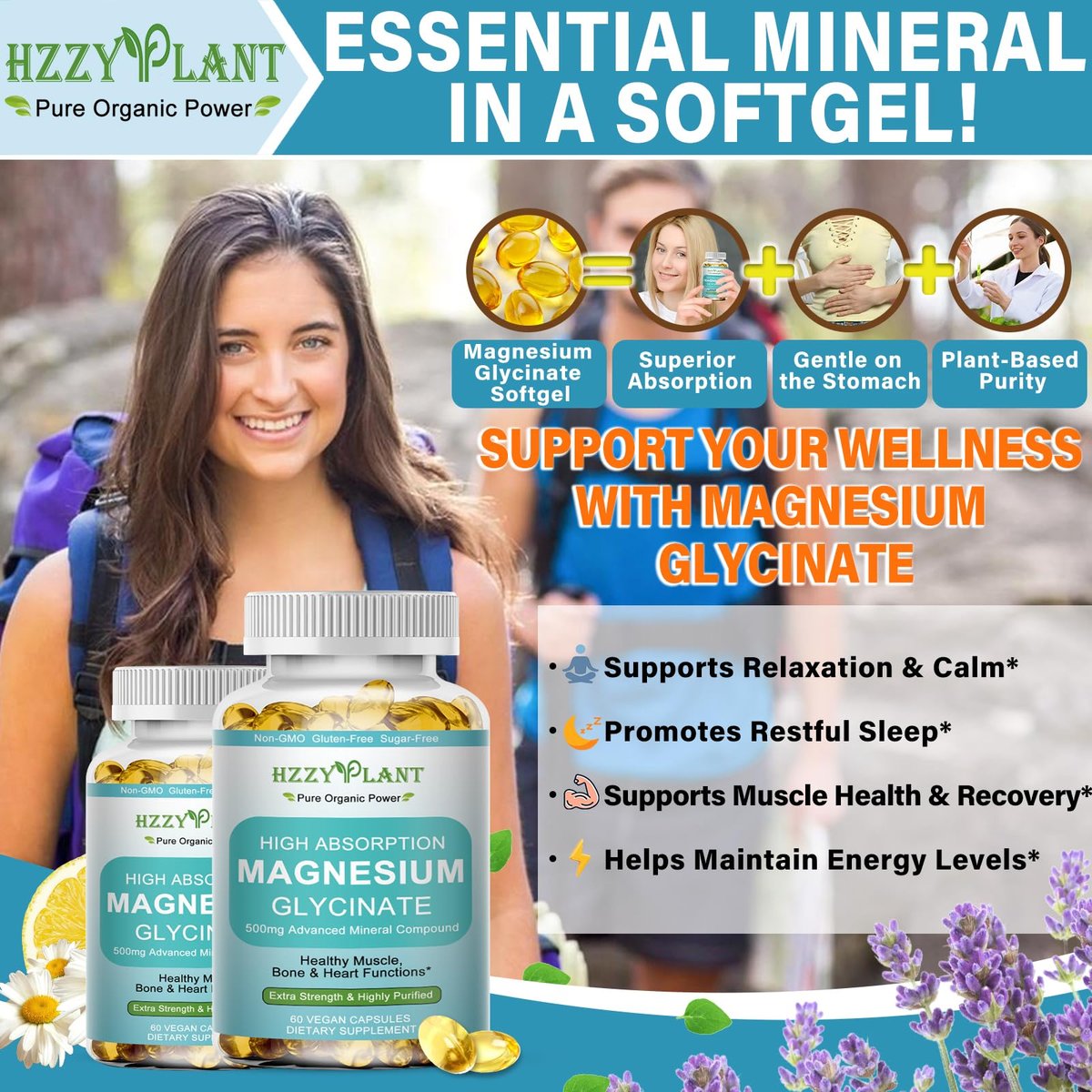 Magnesium Glycinat 500mg Weichkapseln – Hochabsorbierendes Magnesiumpräparat für Muskeln, Herz, Schlaf & Knochen, Stressabbau, Nervengesundheit & Stoffwechsel, Nicht-GVO, 2-Monatsvorrat