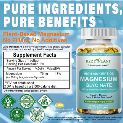 Magnesium Glycinat 500mg Weichkapseln – Hochabsorbierendes Magnesiumpräparat für Muskeln, Herz, Schlaf & Knochen, Stressabbau, Nervengesundheit & Stoffwechsel, Nicht-GVO, 2-Monatsvorrat