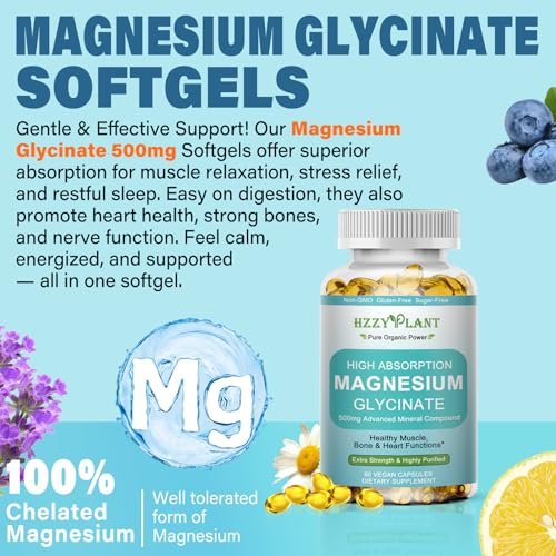 Magnesium Glycinat 500mg Weichkapseln – Hochabsorbierendes Magnesiumpräparat für Muskeln, Herz, Schlaf & Knochen, Stressabbau, Nervengesundheit & Stoffwechsel, Nicht-GVO, 2-Monatsvorrat
