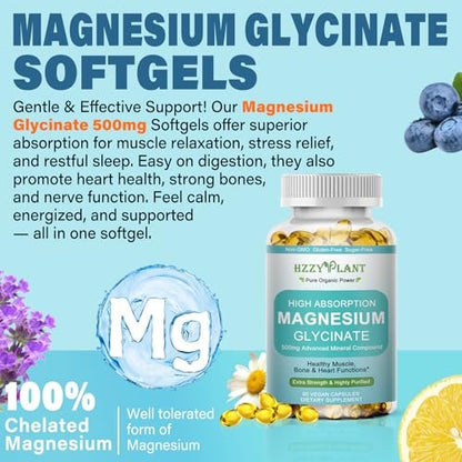 Magnesium Glycinat 500mg Weichkapseln – Hochabsorbierendes Magnesiumpräparat für Muskeln, Herz, Schlaf & Knochen, Stressabbau, Nervengesundheit & Stoffwechsel, Nicht-GVO, 2-Monatsvorrat