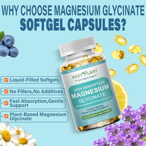 Magnesium Glycinat 500mg Weichkapseln – Hochabsorbierendes Magnesiumpräparat für Muskeln, Herz, Schlaf & Knochen, Stressabbau, Nervengesundheit & Stoffwechsel, Nicht-GVO, 2-Monatsvorrat