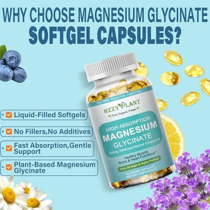 Magnesium Glycinat 500mg Weichkapseln – Hochabsorbierendes Magnesiumpräparat für Muskeln, Herz, Schlaf & Knochen, Stressabbau, Nervengesundheit & Stoffwechsel, Nicht-GVO, 2-Monatsvorrat