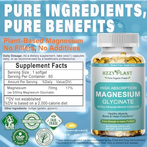 Magnesium Glycinat 500mg Weichkapseln – Hochabsorbierendes Magnesiumpräparat für Muskeln, Herz, Schlaf & Knochen, Stressabbau, Nervengesundheit & Stoffwechsel, Nicht-GVO, 2-Monatsvorrat