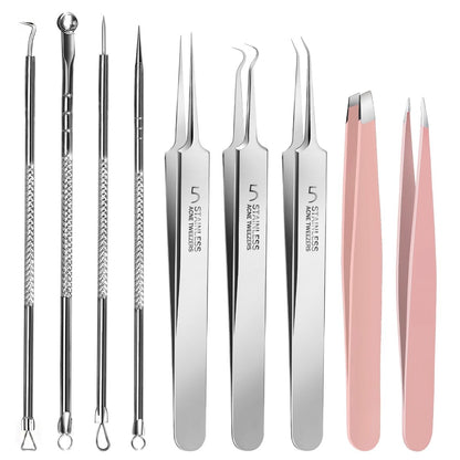Teenitor 9-teiliges professionelles Blackhead-Tweezer- und Pickelentferner-Set, Edelstahl Mitesserentferner-Werkzeuge, Pinzette für Damen Gesichtshaar