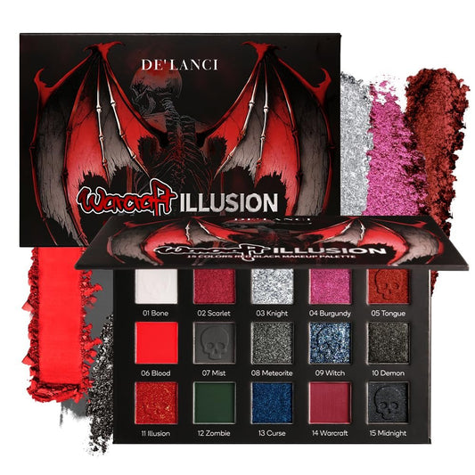DE'LANCI Red Black Goth Eyeshadow Palette – Hochpigmentierte Lidschattenpalette in Rot, Schwarz, Grau und Silber für Vampir-, Clown- und Halloween-Make-up, vegan
