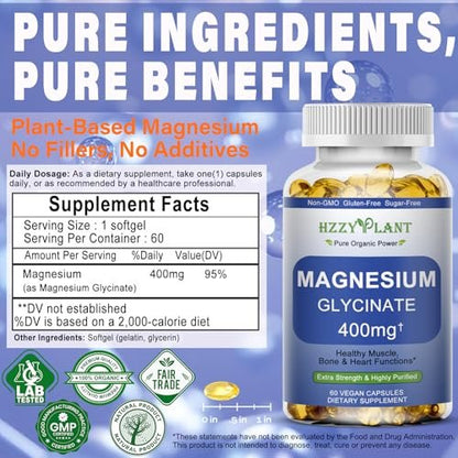 Magnesiumglycinat Weichkapseln – Hochabsorbierendes Magnesiumbisglycinat 400 mg für Muskeln, Herz, Schlaf & Knochen – Vegan, Nicht-GVO, 2 Monate Vorrat