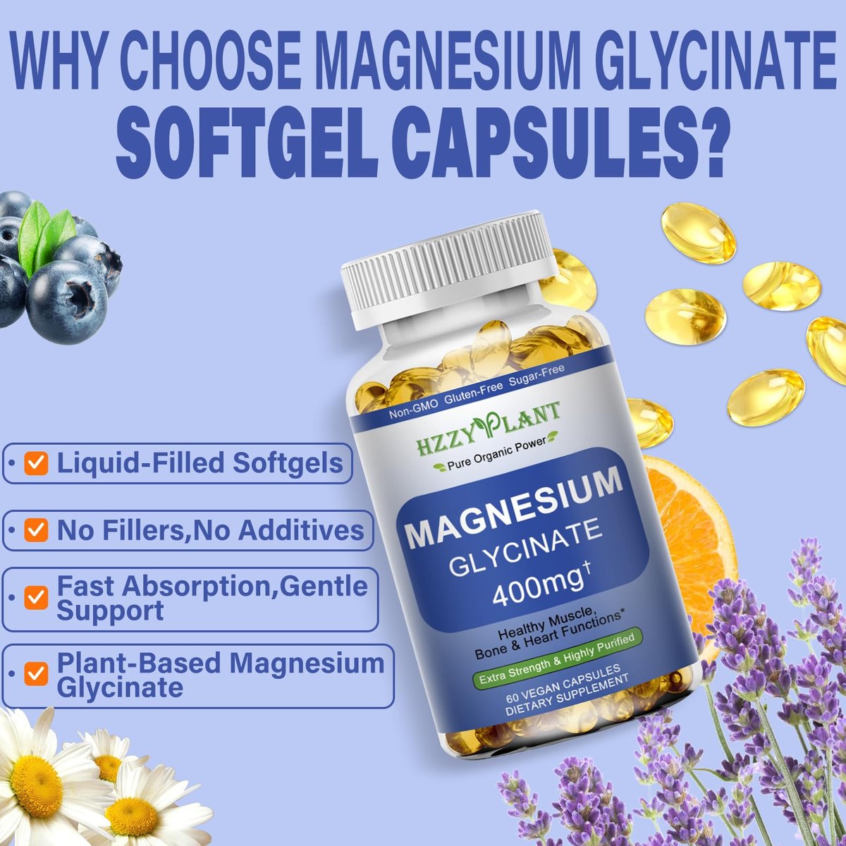 Magnesiumglycinat Weichkapseln – Hochabsorbierendes Magnesiumbisglycinat 400 mg für Muskeln, Herz, Schlaf & Knochen – Vegan, Nicht-GVO, 2 Monate Vorrat