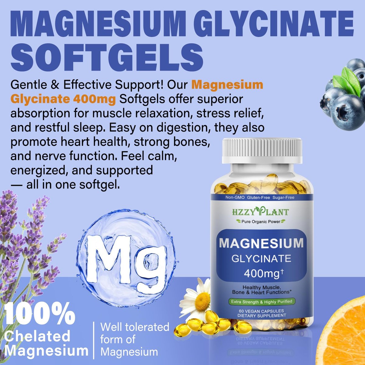 Magnesiumglycinat Weichkapseln – Hochabsorbierendes Magnesiumbisglycinat 400 mg für Muskeln, Herz, Schlaf & Knochen – Vegan, Nicht-GVO, 2 Monate Vorrat