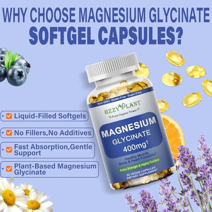 Magnesiumglycinat Weichkapseln – Hochabsorbierendes Magnesiumbisglycinat 400 mg für Muskeln, Herz, Schlaf & Knochen – Vegan, Nicht-GVO, 2 Monate Vorrat