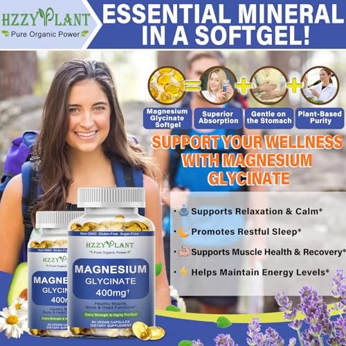 Magnesiumglycinat Weichkapseln – Hochabsorbierendes Magnesiumbisglycinat 400 mg für Muskeln, Herz, Schlaf & Knochen – Vegan, Nicht-GVO, 2 Monate Vorrat