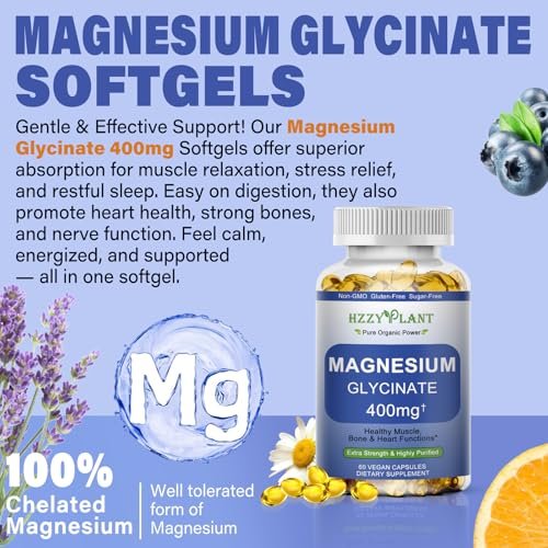 Magnesiumglycinat Weichkapseln – Hochabsorbierendes Magnesiumbisglycinat 400 mg für Muskeln, Herz, Schlaf & Knochen – Vegan, Nicht-GVO, 2 Monate Vorrat