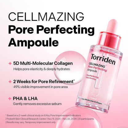 Torriden CELLMAZING Pore Perfecting Ampulle 30ml – Korean Facial Serum mit 5D Collagen, Peptid-Komplex, PHA & LHA für verbesserte Hautelastizität