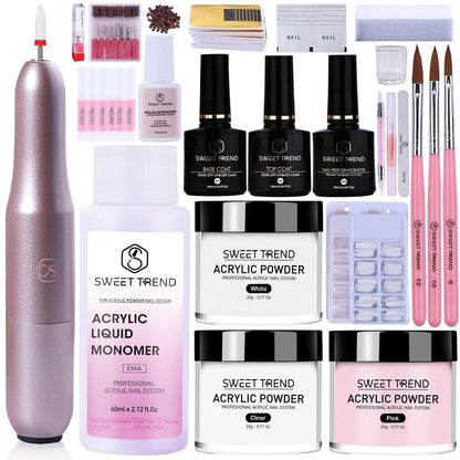 Acryl-Nagelset mit Bohrer: 20g Klar, Weiß, Rosa Acrylpulver und Flüssigkeit für Anfänger – Professionelle Pinsel, Nageltipps, Nagelzubehör – Komplettes Set für Verlängerungen für Zuhause & Salon