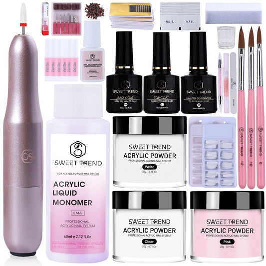 Acryl-Nagelset mit Bohrer: 20g Klar, Weiß, Rosa Acrylpulver und Flüssigkeit für Anfänger – Professionelle Pinsel, Nageltipps, Nagelzubehör – Komplettes Set für Verlängerungen für Zuhause & Salon