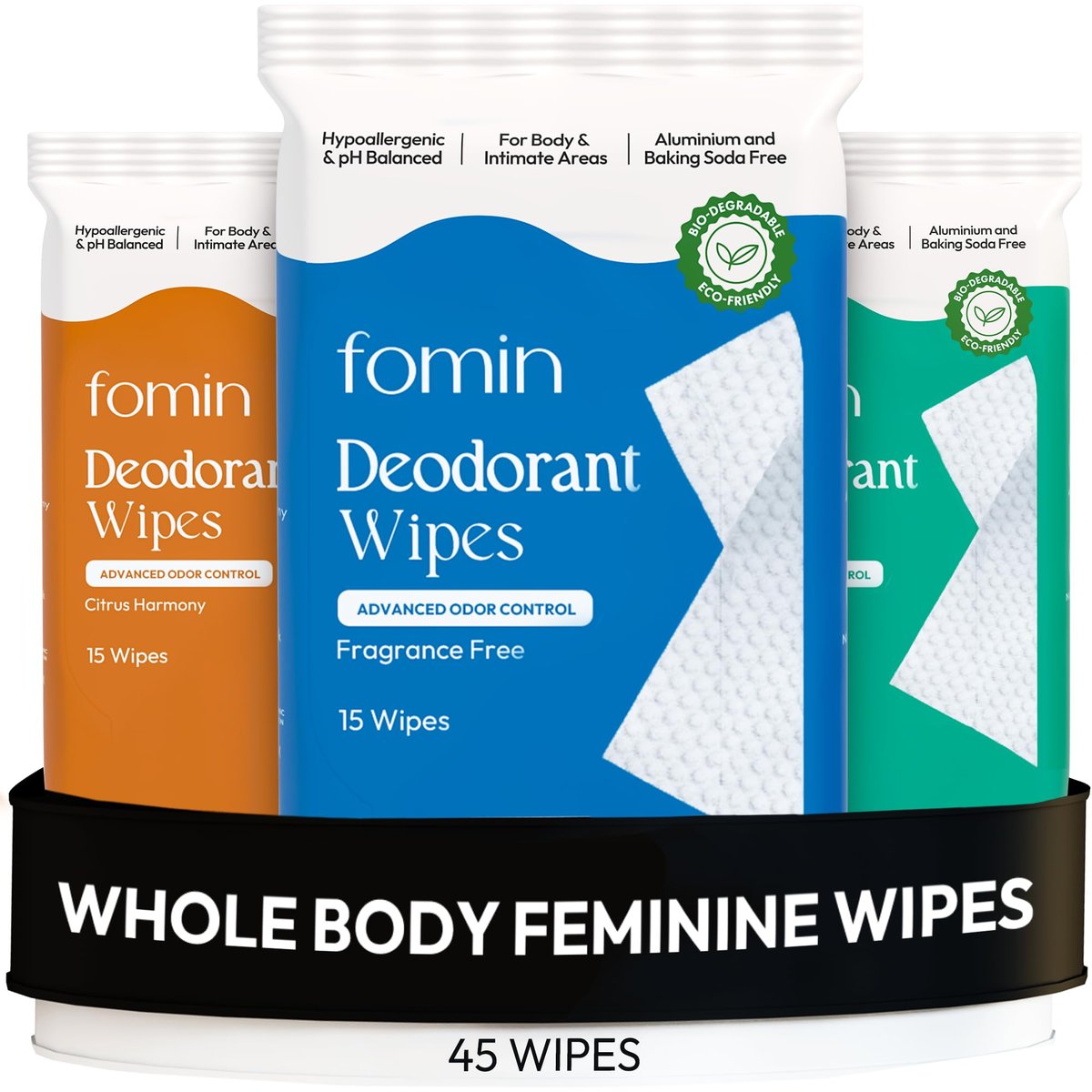 FOMIN Säurehaltige Deodorant-Tücher für Frauen - 45 Stück - Variety Pack – Hypoallergene, pH-ausgeglichene Ganzkörpertücher - Plastikfrei, Peeling & Fortschrittliche Geruchskontrolle für Achseln und Körper