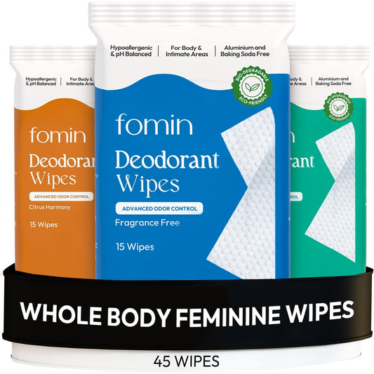 FOMIN Säurehaltige Deodorant-Tücher für Frauen - 45 Stück - Variety Pack – Hypoallergene, pH-ausgeglichene Ganzkörpertücher - Plastikfrei, Peeling & Fortschrittliche Geruchskontrolle für Achseln und Körper
