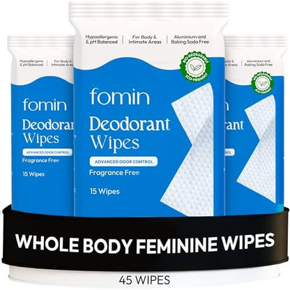FOMIN Acidifizierte Deodorant-Tücher für Frauen - 45 Stück - Duftfrei – Hypoallergen, pH-ausgeglichene Ganzkörpertücher - Plastikfrei, Peeling & fortschrittliche Geruchskontrolle für Achseln und Körper
