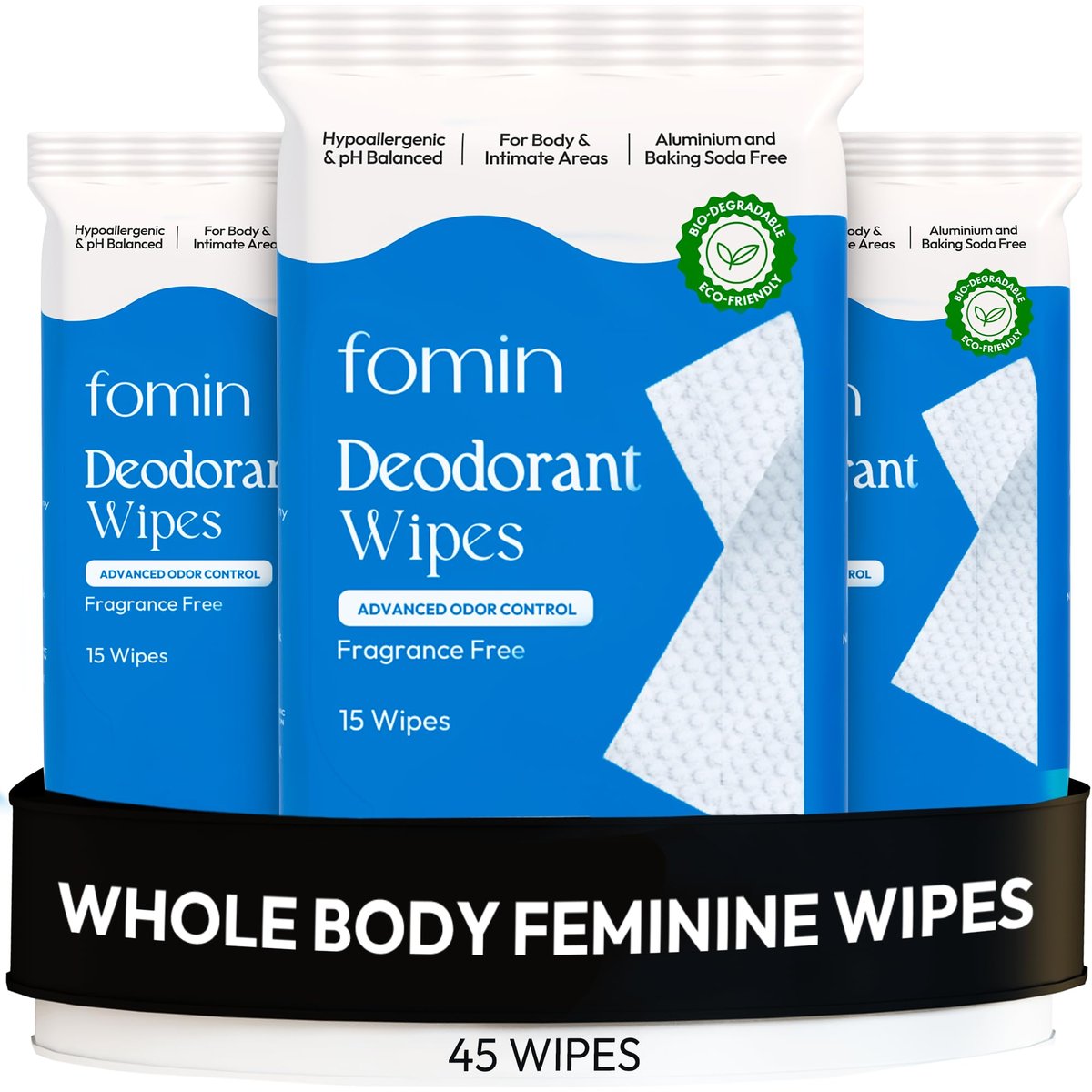 FOMIN Acidifizierte Deodorant-Tücher für Frauen - 45 Stück - Duftfrei – Hypoallergen, pH-ausgeglichene Ganzkörpertücher - Plastikfrei, Peeling & fortschrittliche Geruchskontrolle für Achseln und Körper